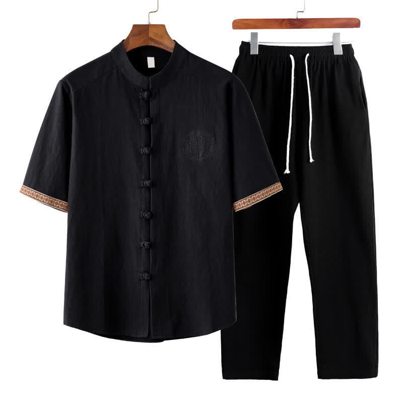 Buddha Stones Ensemble d'été 2 pièces : chemise à manches courtes unie avec col mandarin et boutons brandebourg, pantalon harem, tenue de méditation pour homme avec poches - Noir - US/UK/AU46，EU56 (5XL) - image 11