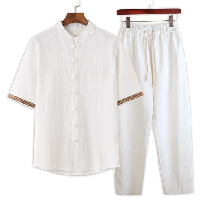 Buddha Stones Ensemble d'été 2 pièces : chemise à manches courtes unie avec col mandarin et boutons brandebourg, pantalon harem, tenue de méditation pour homme avec poches - Blanc - US/UK/AU46，EU56 (5XL) - image 10