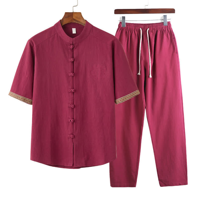 Buddha Stones Ensemble d'été 2 pièces : chemise à manches courtes unie avec col mandarin et boutons brandebourg, pantalon harem, tenue de méditation pour homme avec poches - Cramoisi - US/UK/AU46，EU56 (5XL) - image 1