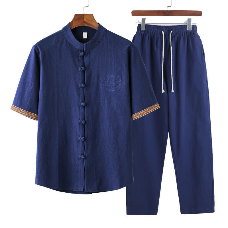 Buddha Stones Ensemble d'été 2 pièces : chemise à manches courtes unie avec col mandarin et boutons brandebourg, pantalon harem, tenue de méditation pour homme avec poches - Bleu royal - US/UK/AU46，EU56 (5XL) - image 0