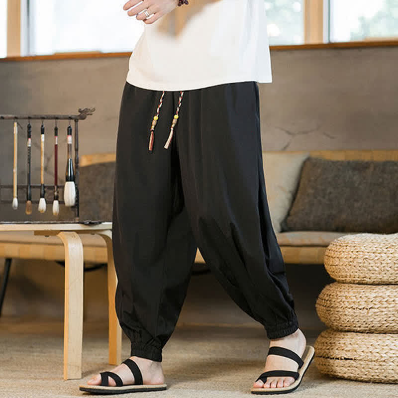 Buddha Stones Pantalon harem d'été décontracté pour homme, à ourlet élastique et cordon de serrage, avec poches - image 9