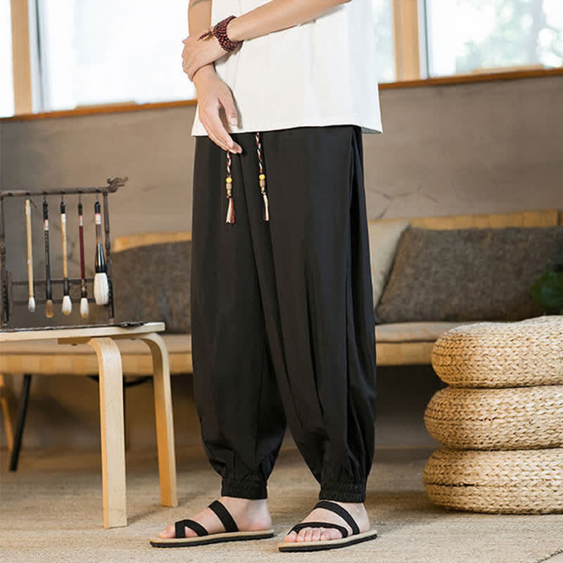 Buddha Stones Pantalon harem d'été décontracté pour homme, à ourlet élastique et cordon de serrage, avec poches - image 7
