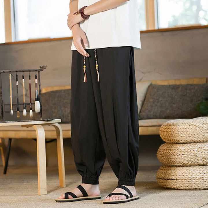 Buddha Stones Pantalon harem d'été décontracté pour homme, à ourlet élastique et cordon de serrage, avec poches - image 7