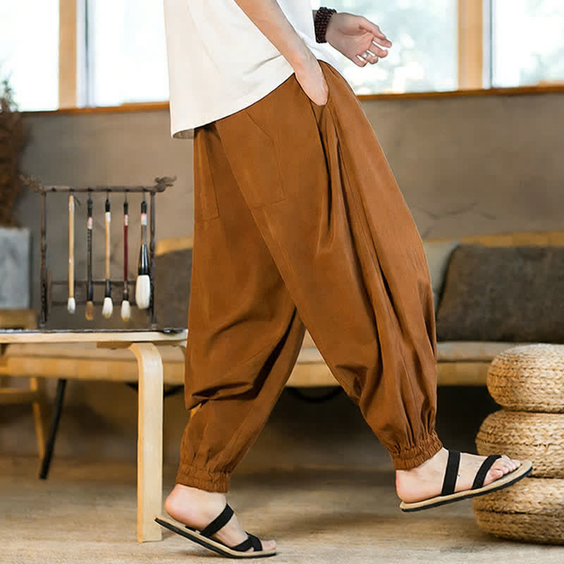 Buddha Stones Pantalon harem d'été décontracté pour homme, à ourlet élastique et cordon de serrage, avec poches - image 3