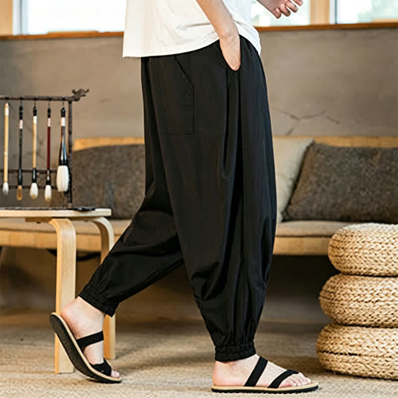 Buddha Stones Pantalon harem d'été décontracté pour homme, à ourlet élastique et cordon de serrage, avec poches - image 8