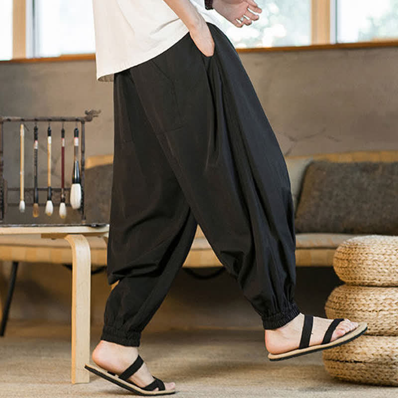 Buddha Stones Pantalon harem d'été décontracté pour homme, à ourlet élastique et cordon de serrage, avec poches - image 16