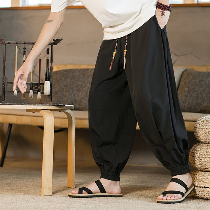 Buddha Stones Pantalon harem d'été décontracté pour homme, à ourlet élastique et cordon de serrage, avec poches - Noir - US/UK/AU46，EU56 (5XL) - image 4