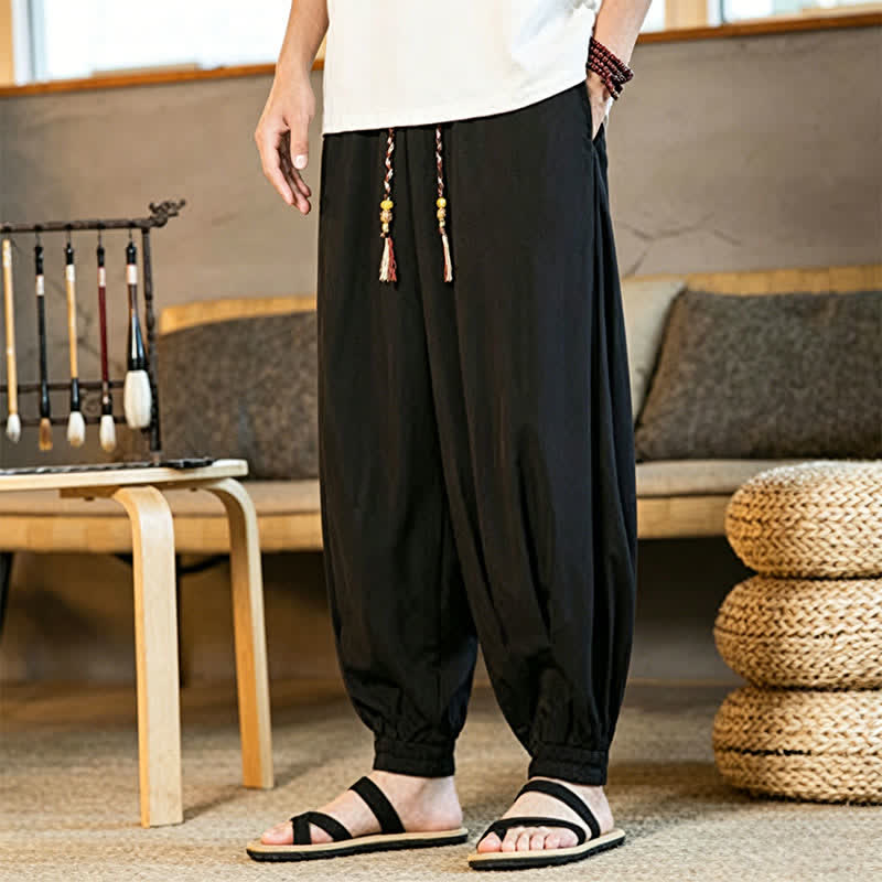 Buddha Stones Pantalon harem d'été décontracté pour homme, à ourlet élastique et cordon de serrage, avec poches - image 5
