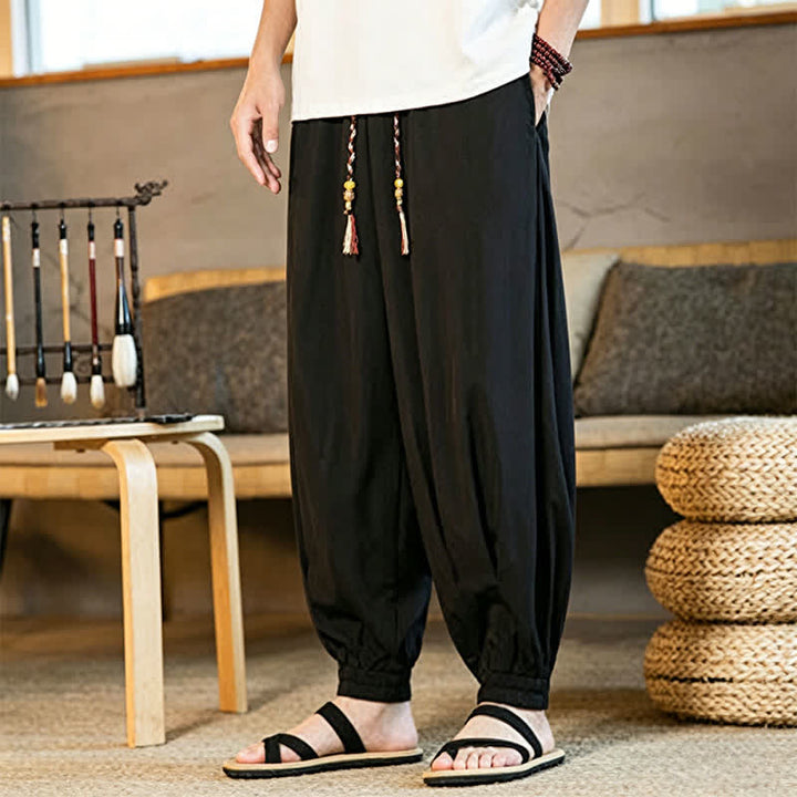 Buddha Stones Pantalon harem d'été décontracté pour homme, à ourlet élastique et cordon de serrage, avec poches - image 5