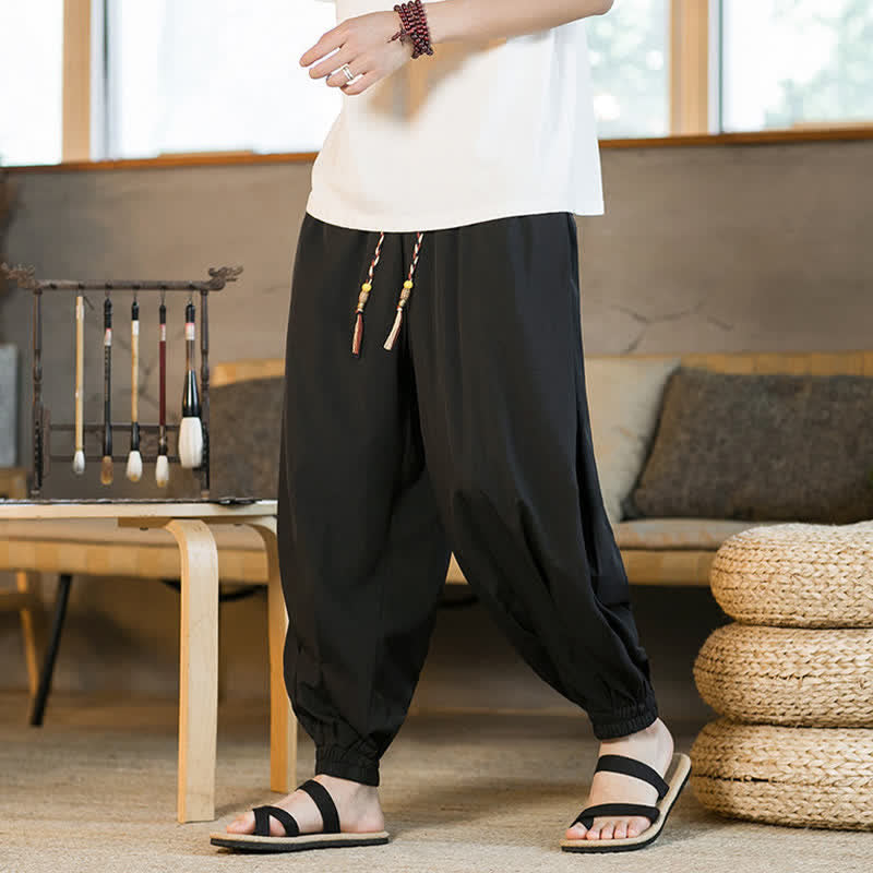 Buddha Stones Pantalon harem d'été décontracté pour homme, à ourlet élastique et cordon de serrage, avec poches - image 11