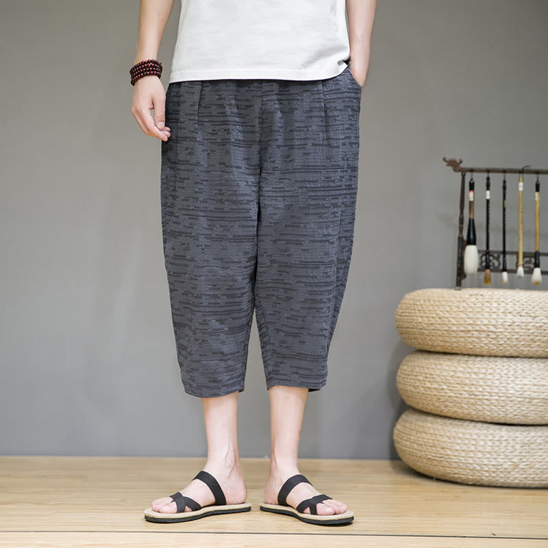 Buddha Stones Pantalon harem trois-quarts pour homme, coupe minimaliste, fente latérale, couleur unie, avec poches, idéal pour l'été. - image 1