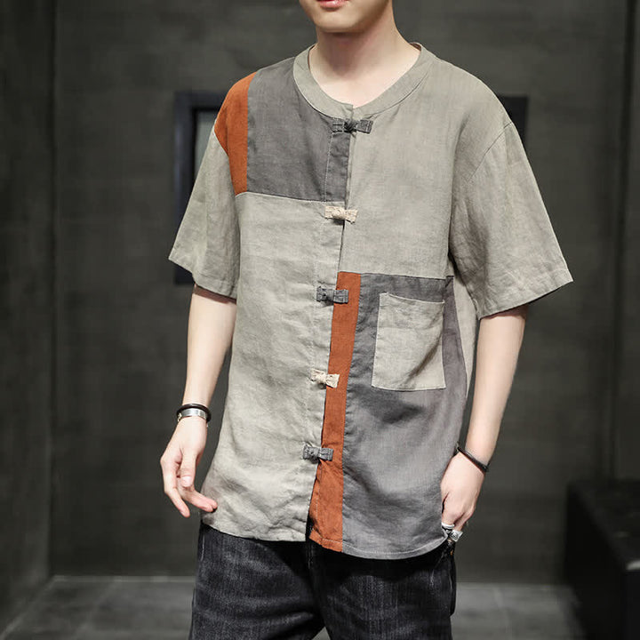 Buddha Stones Chemise à manches courtes pour homme, style patchwork à boutons grenouilles, style vintage été - Tanné - US/UK/AU46，EU56 (5XL) - image 0