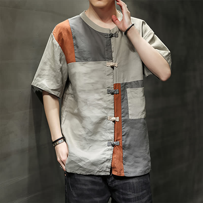 Buddha Stones Chemise à manches courtes pour homme, style patchwork à boutons grenouilles, style vintage été - image 8