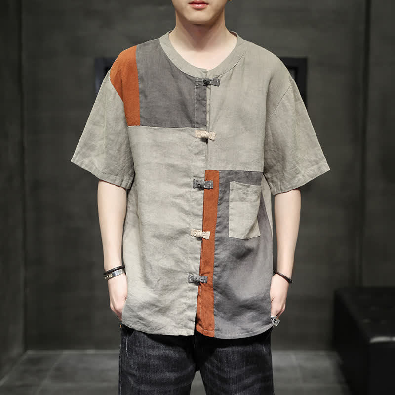 Buddha Stones Chemise à manches courtes pour homme, style patchwork à boutons grenouilles, style vintage été - image 2