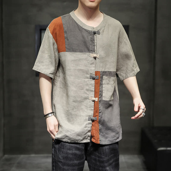 Buddha Stones Chemise à manches courtes pour homme, style patchwork à boutons grenouilles, style vintage été - image 5