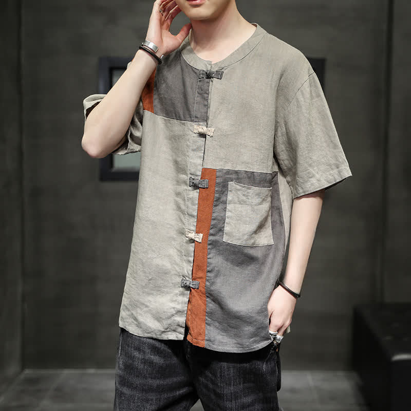 Buddha Stones Chemise à manches courtes pour homme, style patchwork à boutons grenouilles, style vintage été - image 1