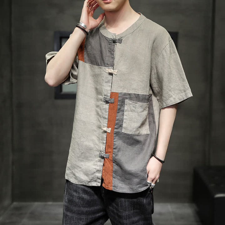 Buddha Stones Chemise à manches courtes pour homme, style patchwork à boutons grenouilles, style vintage été - image 1