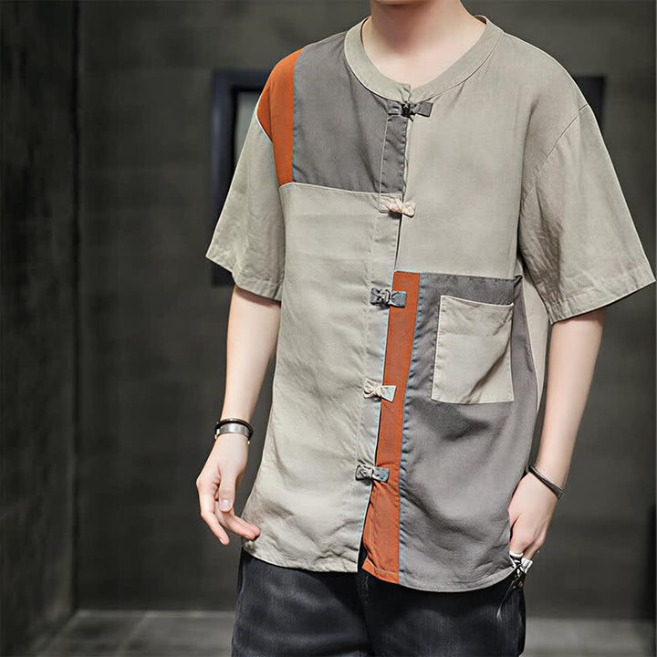 Buddha Stones Chemise à manches courtes pour homme, style patchwork à boutons grenouilles, style vintage été - image 3