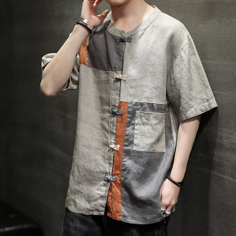 Buddha Stones Chemise à manches courtes pour homme, style patchwork à boutons grenouilles, style vintage été - image 6