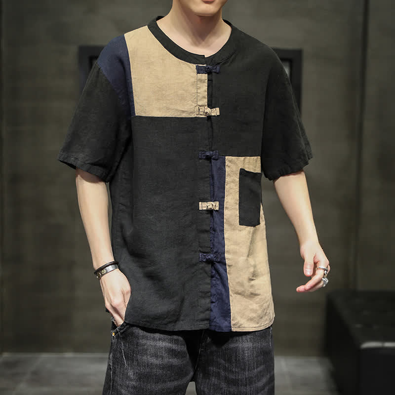 Buddha Stones Chemise à manches courtes pour homme, style patchwork à boutons grenouilles, style vintage été - Noir - US/UK/AU46，EU56 (5XL) - image 9