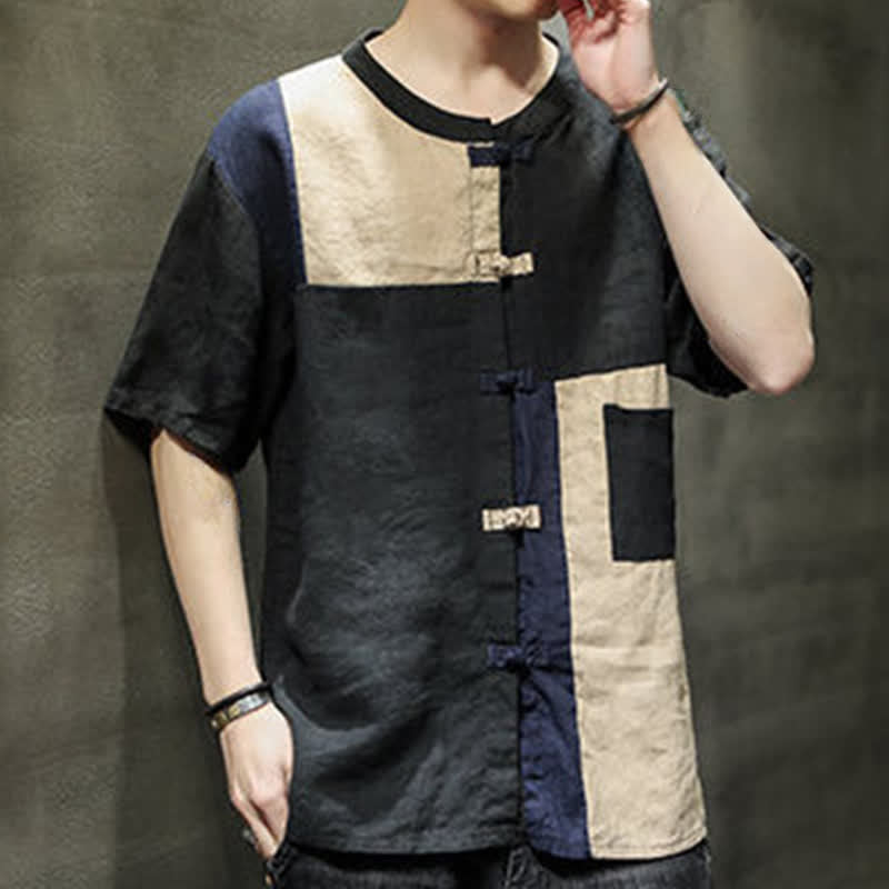 Buddha Stones Chemise à manches courtes pour homme, style patchwork à boutons grenouilles, style vintage été - image 11