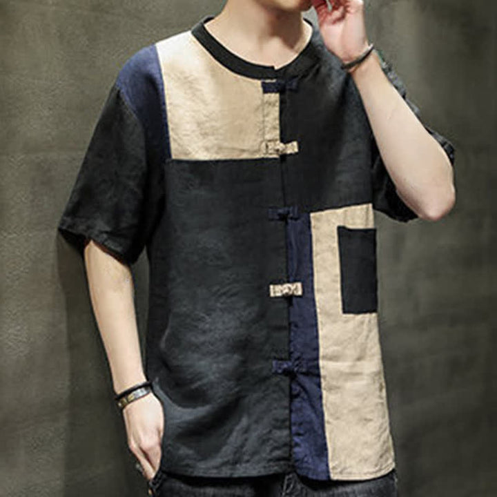Buddha Stones Chemise à manches courtes pour homme, style patchwork à boutons grenouilles, style vintage été - image 11