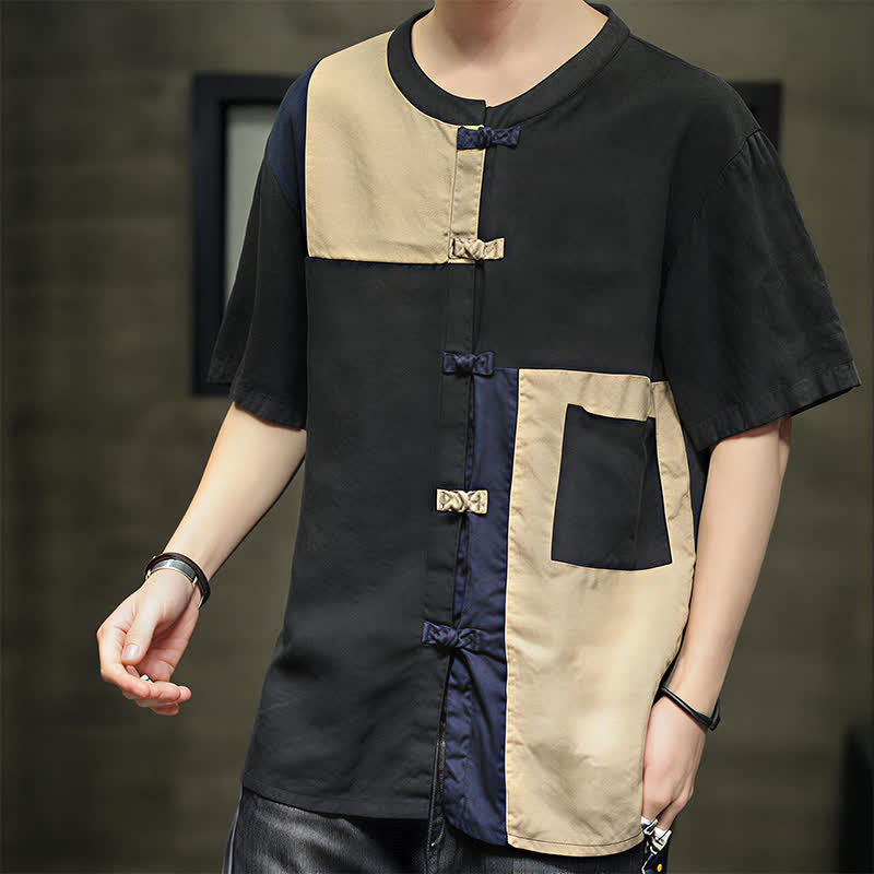 Buddha Stones Chemise à manches courtes pour homme, style patchwork à boutons grenouilles, style vintage été - image 14