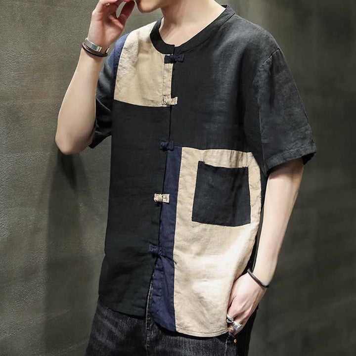 Buddha Stones Chemise à manches courtes pour homme, style patchwork à boutons grenouilles, style vintage été - image 15