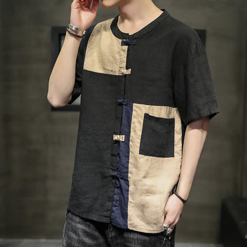 Buddha Stones Chemise à manches courtes pour homme, style patchwork à boutons grenouilles, style vintage été - image 12