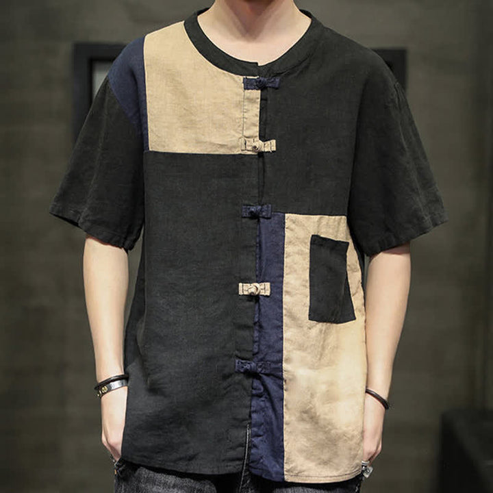 Buddha Stones Chemise à manches courtes pour homme, style patchwork à boutons grenouilles, style vintage été - image 10