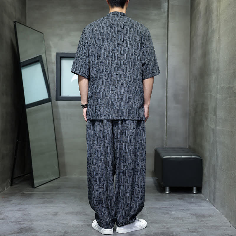 Buddha Stones Ensemble homme 2 pièces : chemise à manches courtes à col mandarin et boutons brandebourg, style géométrique, pantalon harem avec poches. - image 2