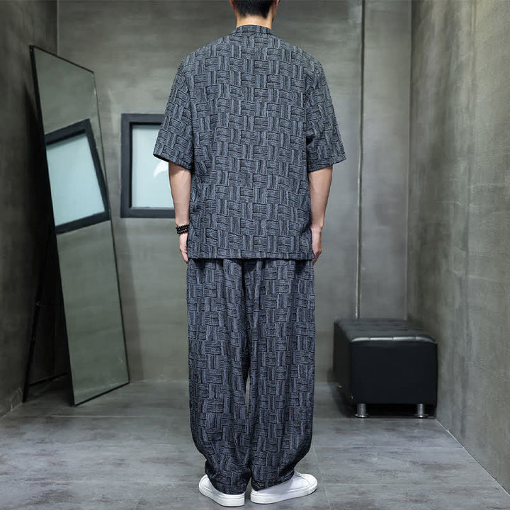 Buddha Stones Ensemble homme 2 pièces : chemise à manches courtes à col mandarin et boutons brandebourg, style géométrique, pantalon harem avec poches. - image 2