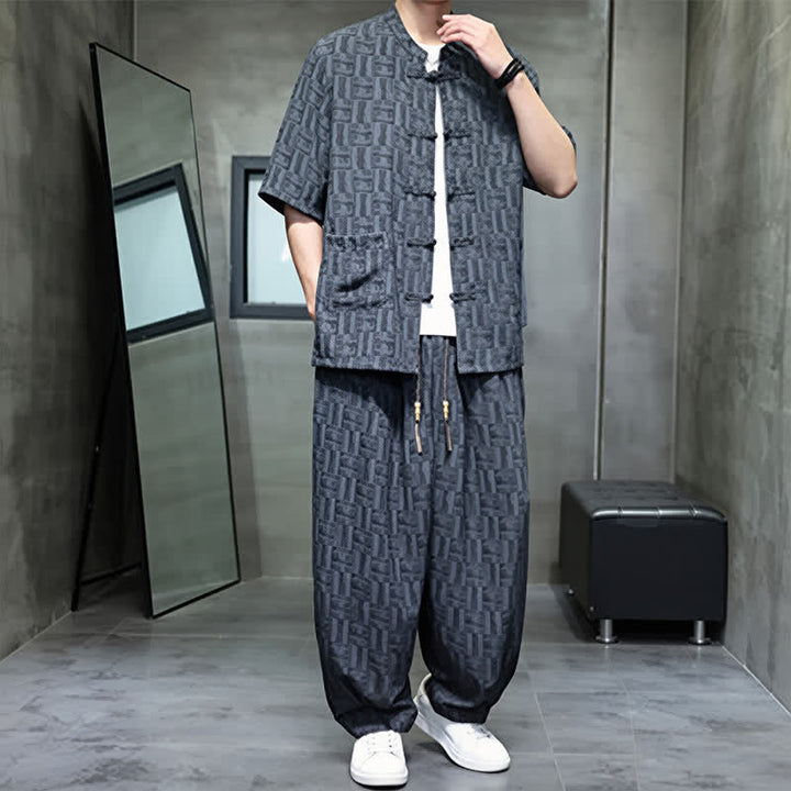 Buddha Stones Ensemble homme 2 pièces : chemise à manches courtes à col mandarin et boutons brandebourg, style géométrique, pantalon harem avec poches. - image 8