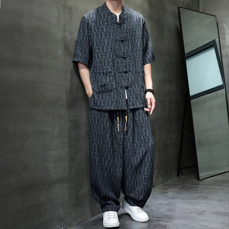 Buddha Stones Ensemble homme 2 pièces : chemise à manches courtes à col mandarin et boutons brandebourg, style géométrique, pantalon harem avec poches. - image 5