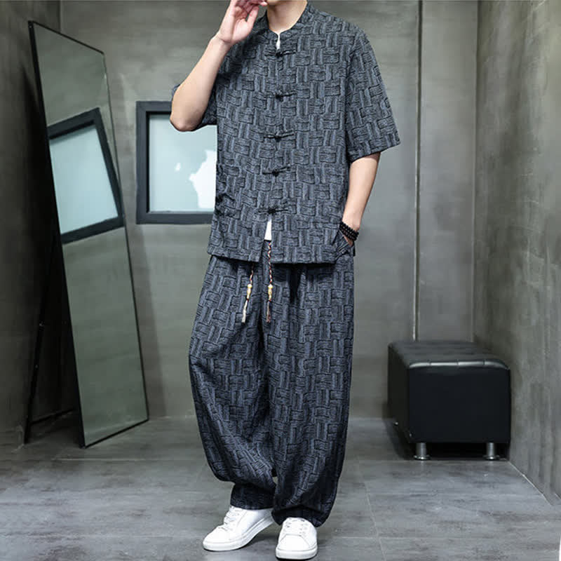 Buddha Stones Ensemble homme 2 pièces : chemise à manches courtes à col mandarin et boutons brandebourg, style géométrique, pantalon harem avec poches. - image 7