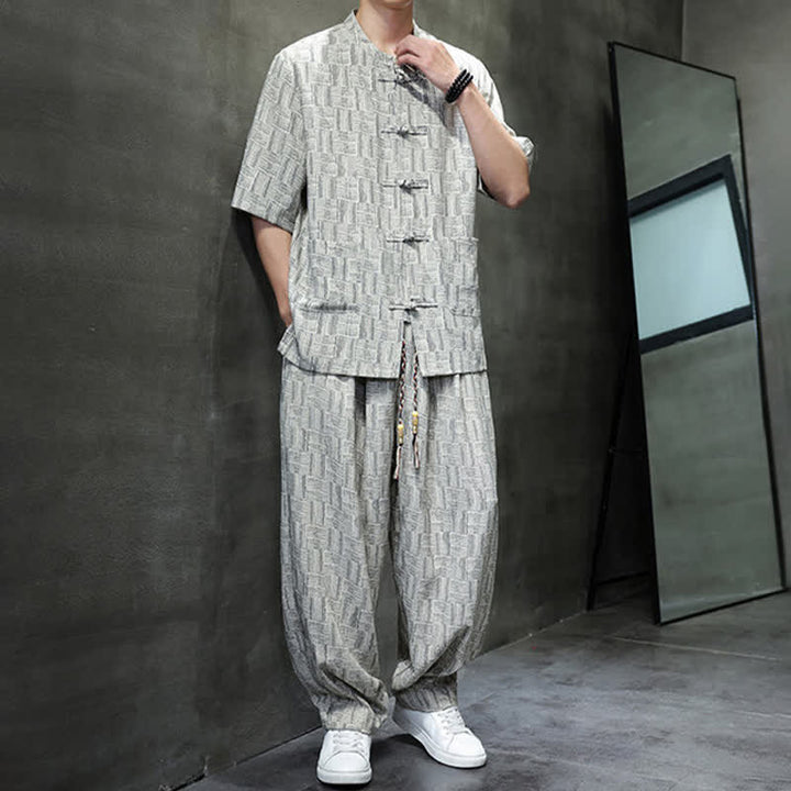 Buddha Stones Ensemble homme 2 pièces : chemise à manches courtes à col mandarin et boutons brandebourg, style géométrique, pantalon harem avec poches. - image 13