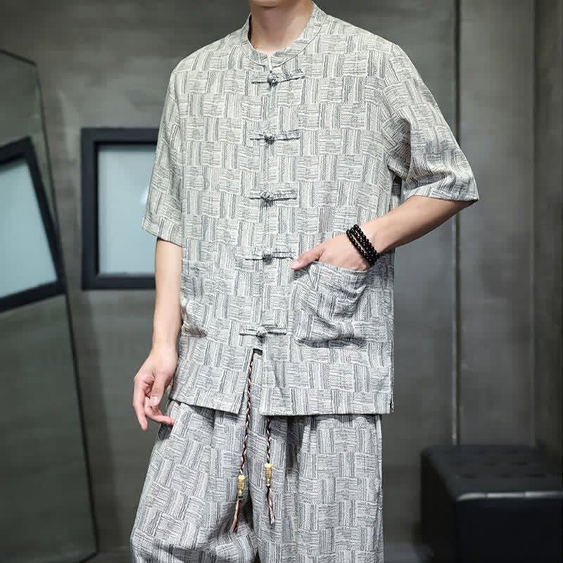 Buddha Stones Ensemble homme 2 pièces : chemise à manches courtes à col mandarin et boutons brandebourg, style géométrique, pantalon harem avec poches. - image 18