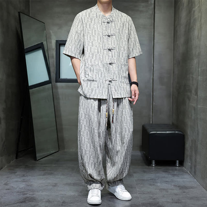 Buddha Stones Ensemble homme 2 pièces : chemise à manches courtes à col mandarin et boutons brandebourg, style géométrique, pantalon harem avec poches. - image 15