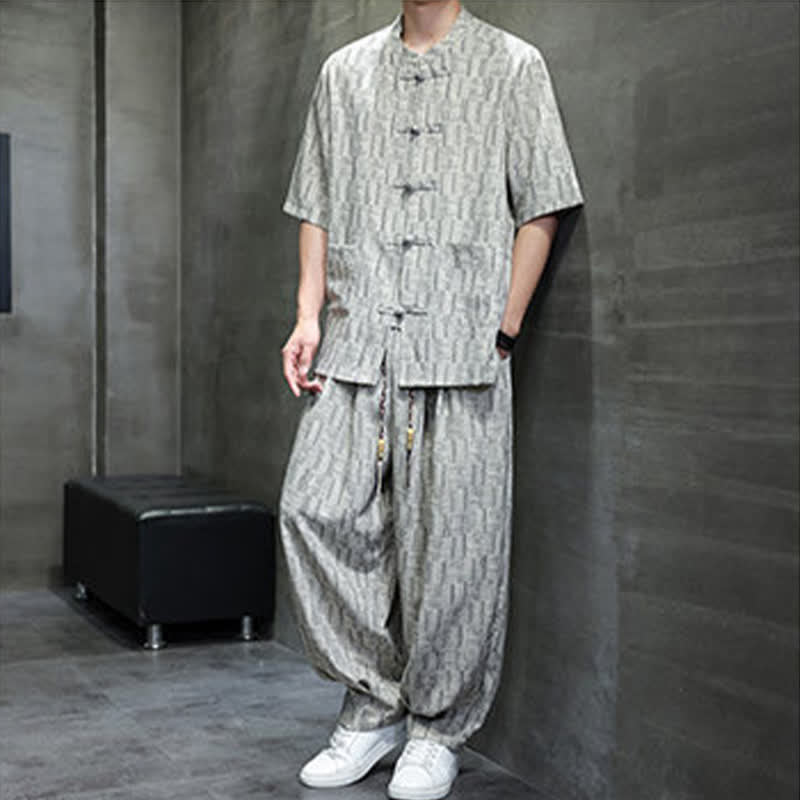Buddha Stones Ensemble homme 2 pièces : chemise à manches courtes à col mandarin et boutons brandebourg, style géométrique, pantalon harem avec poches. - image 16