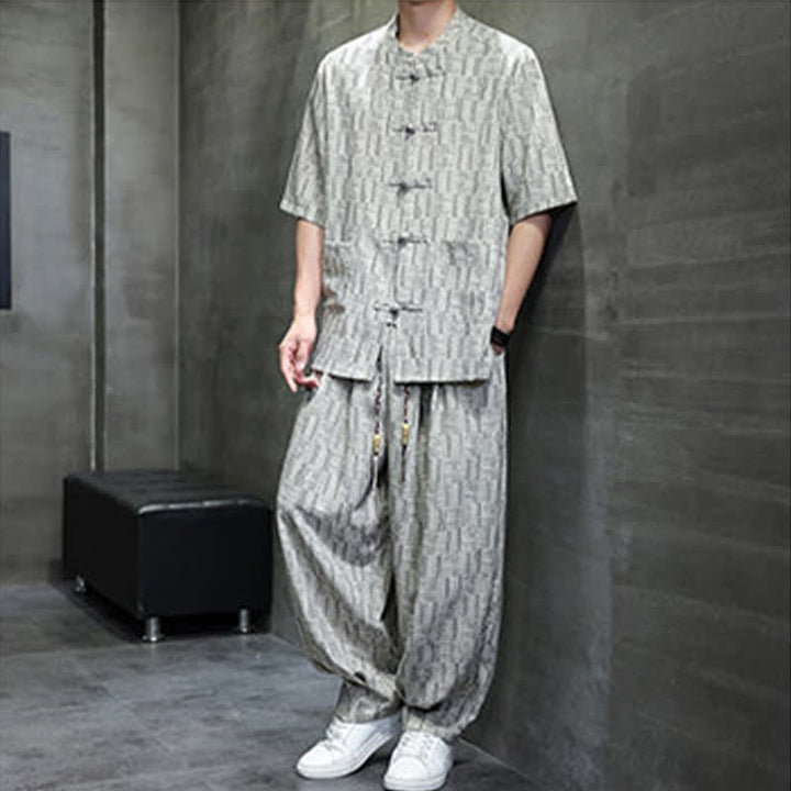 Buddha Stones Ensemble homme 2 pièces : chemise à manches courtes à col mandarin et boutons brandebourg, style géométrique, pantalon harem avec poches. - image 16