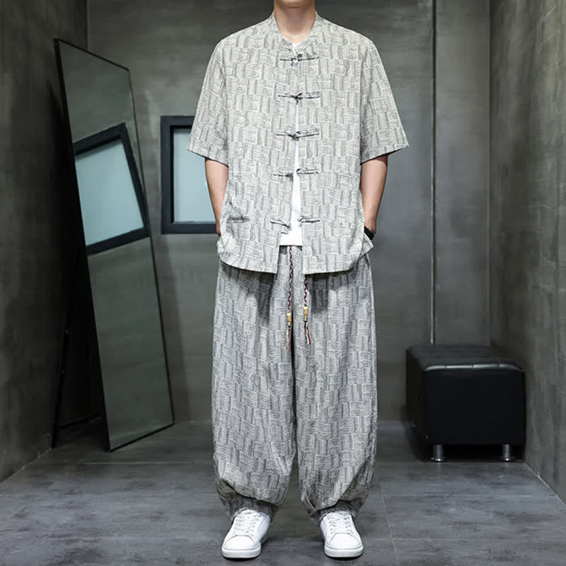 Buddha Stones Ensemble homme 2 pièces : chemise à manches courtes à col mandarin et boutons brandebourg, style géométrique, pantalon harem avec poches. - image 11