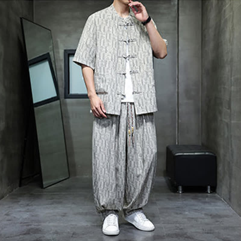 Buddha Stones Ensemble homme 2 pièces : chemise à manches courtes à col mandarin et boutons brandebourg, style géométrique, pantalon harem avec poches. - image 17