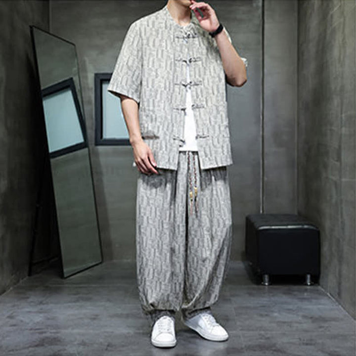 Buddha Stones Ensemble homme 2 pièces : chemise à manches courtes à col mandarin et boutons brandebourg, style géométrique, pantalon harem avec poches. - image 17