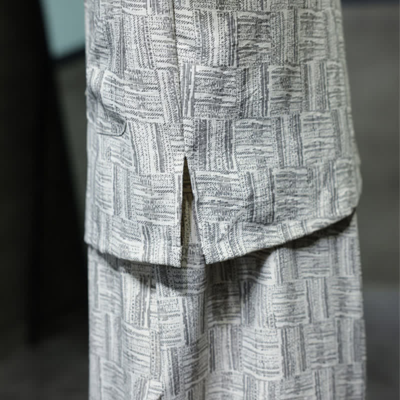 Buddha Stones Ensemble homme 2 pièces : chemise à manches courtes à col mandarin et boutons brandebourg, style géométrique, pantalon harem avec poches. - image 22