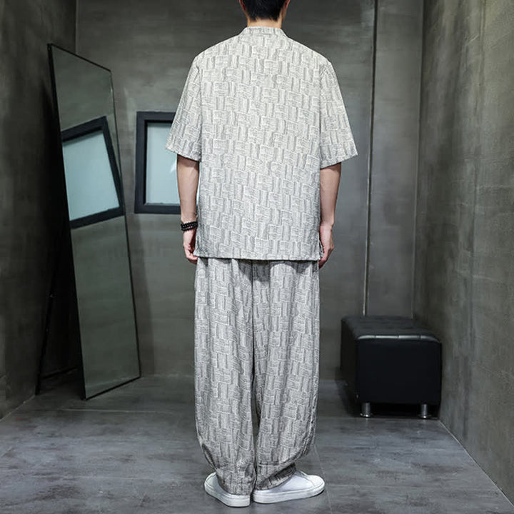 Buddha Stones Ensemble homme 2 pièces : chemise à manches courtes à col mandarin et boutons brandebourg, style géométrique, pantalon harem avec poches. - image 12