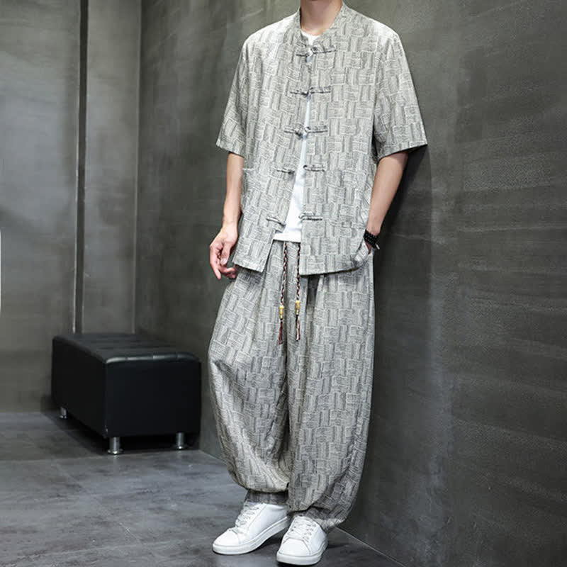 Buddha Stones Ensemble homme 2 pièces : chemise à manches courtes à col mandarin et boutons brandebourg, style géométrique, pantalon harem avec poches. - image 14
