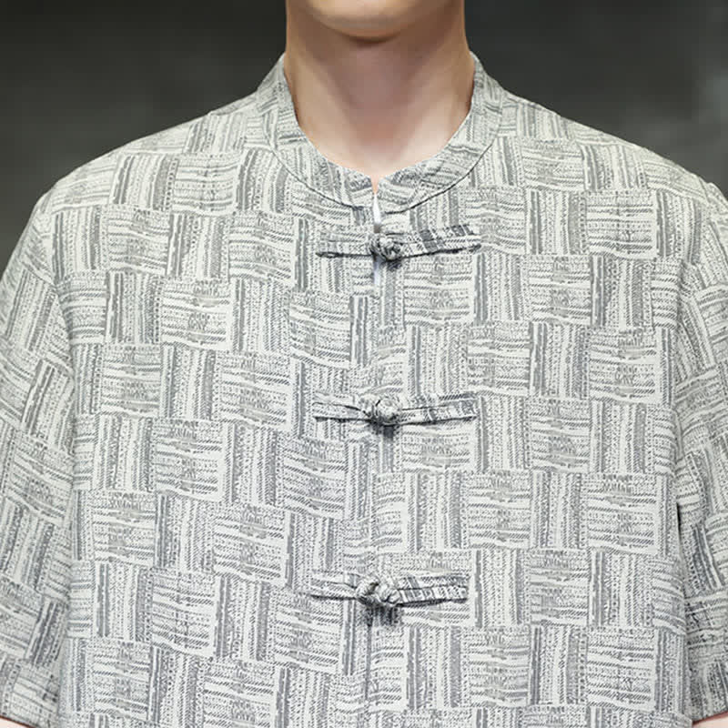 Buddha Stones Ensemble homme 2 pièces : chemise à manches courtes à col mandarin et boutons brandebourg, style géométrique, pantalon harem avec poches. - image 19