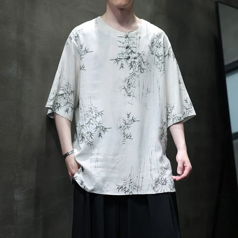Buddha Stones Chemise homme à manches courtes en coton et lin imprimé bambou, style Tang, bouton grenouille, été - WhiteSmoke - US/UK/AU46，EU56 (5XL) - image 0