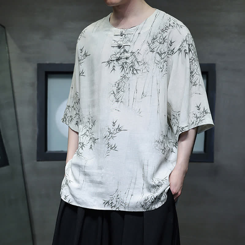 Buddha Stones Chemise homme à manches courtes en coton et lin imprimé bambou, style Tang, bouton grenouille, été - image 3