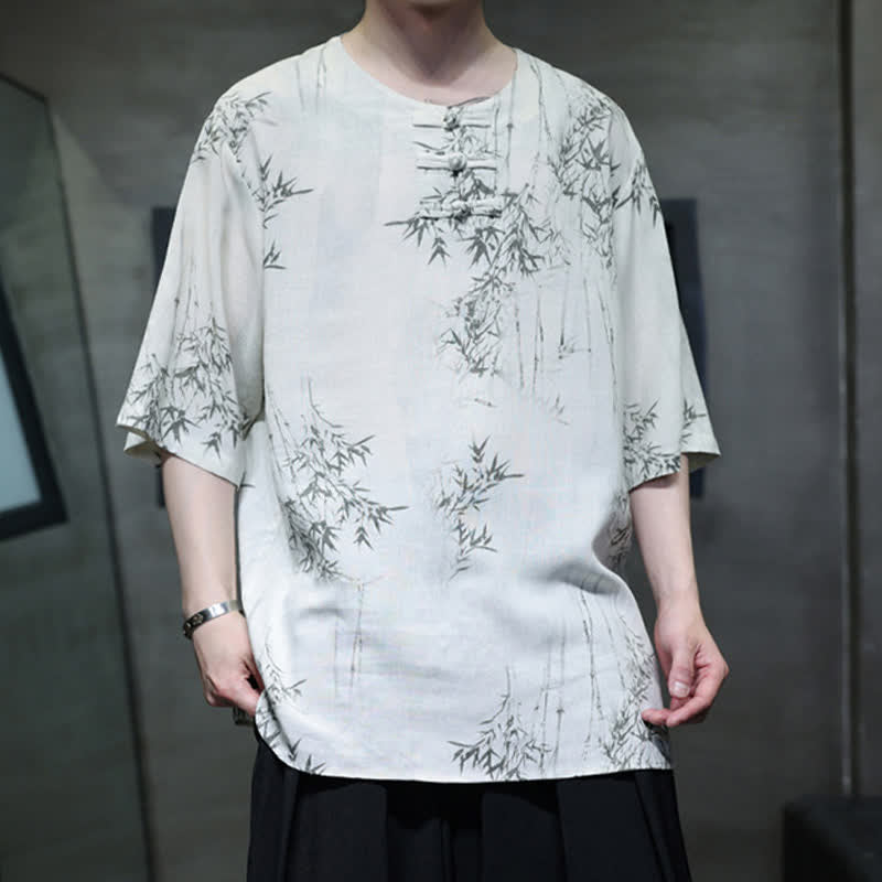 Buddha Stones Chemise homme à manches courtes en coton et lin imprimé bambou, style Tang, bouton grenouille, été - image 2